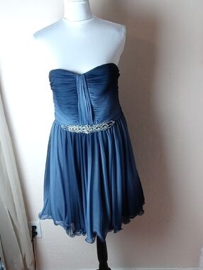 Sequin Hearts Strapless Navy Blue Chiffon Cocktail Dress with Beaded Waist
